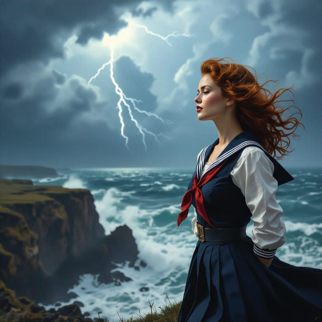 Pin-Up Woman on Stormy Cliff Overlooking Dramatic Sea