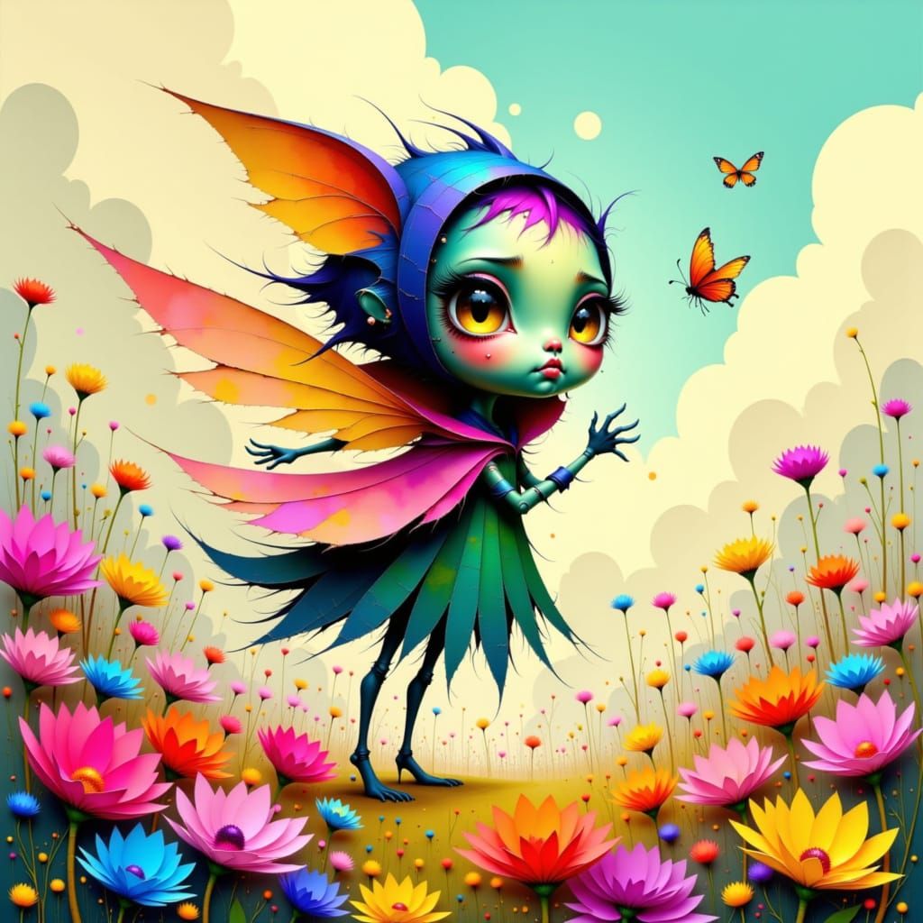 Whimsical Alien Chasing Butterfly in Dreamlike Landscape