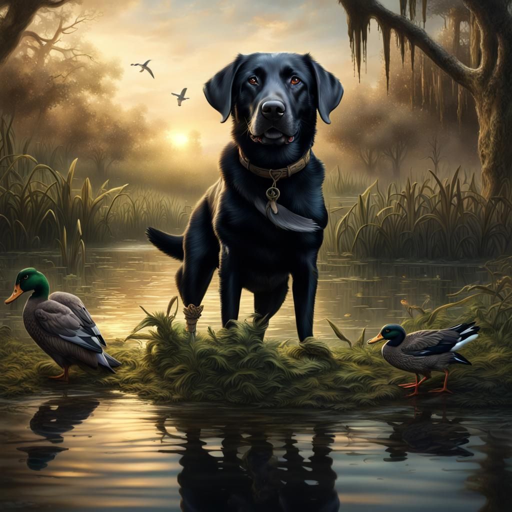 Black Lab with Duck in Louisiana Swamp Painting