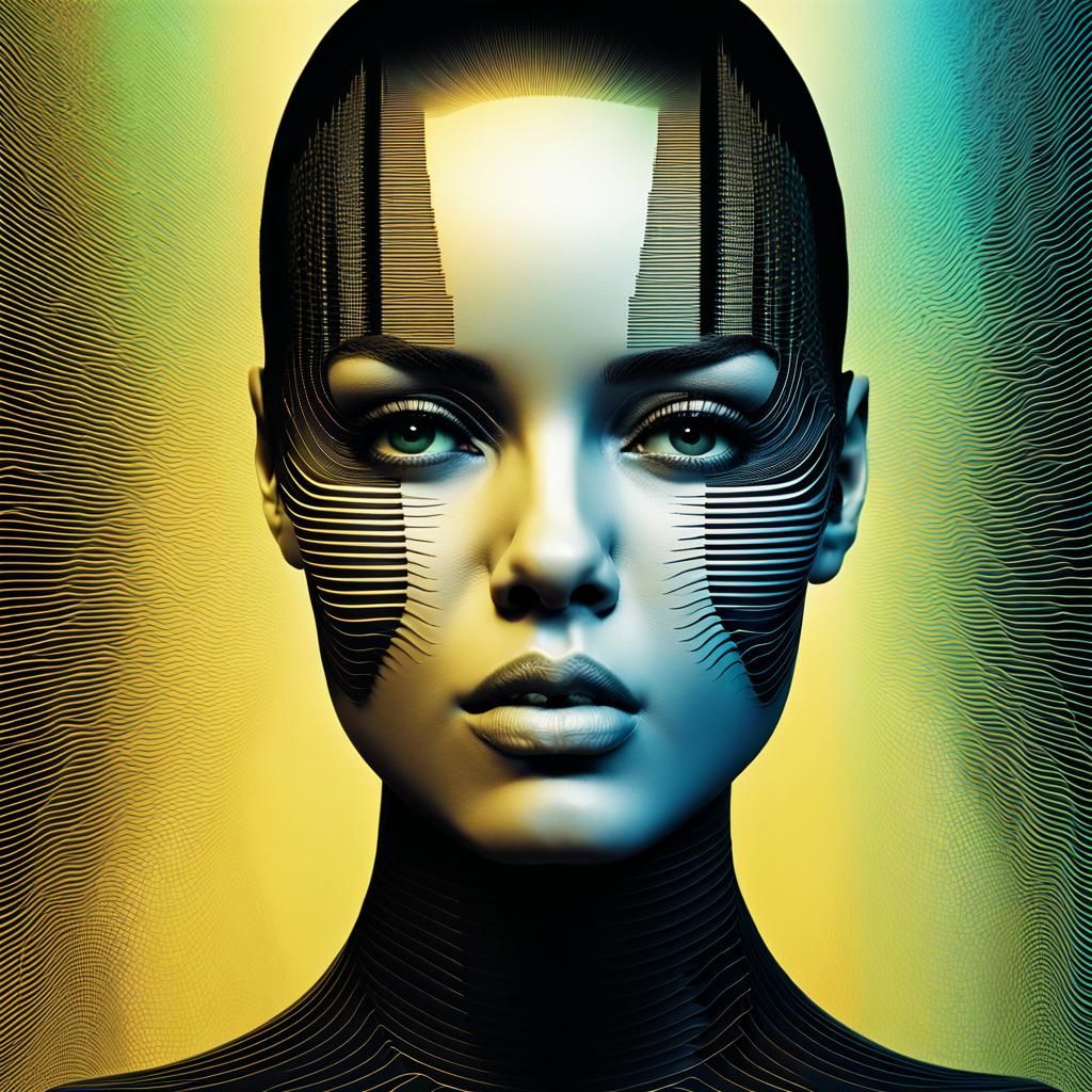Entangled Wireframe Android Face in Cyberpunk Style