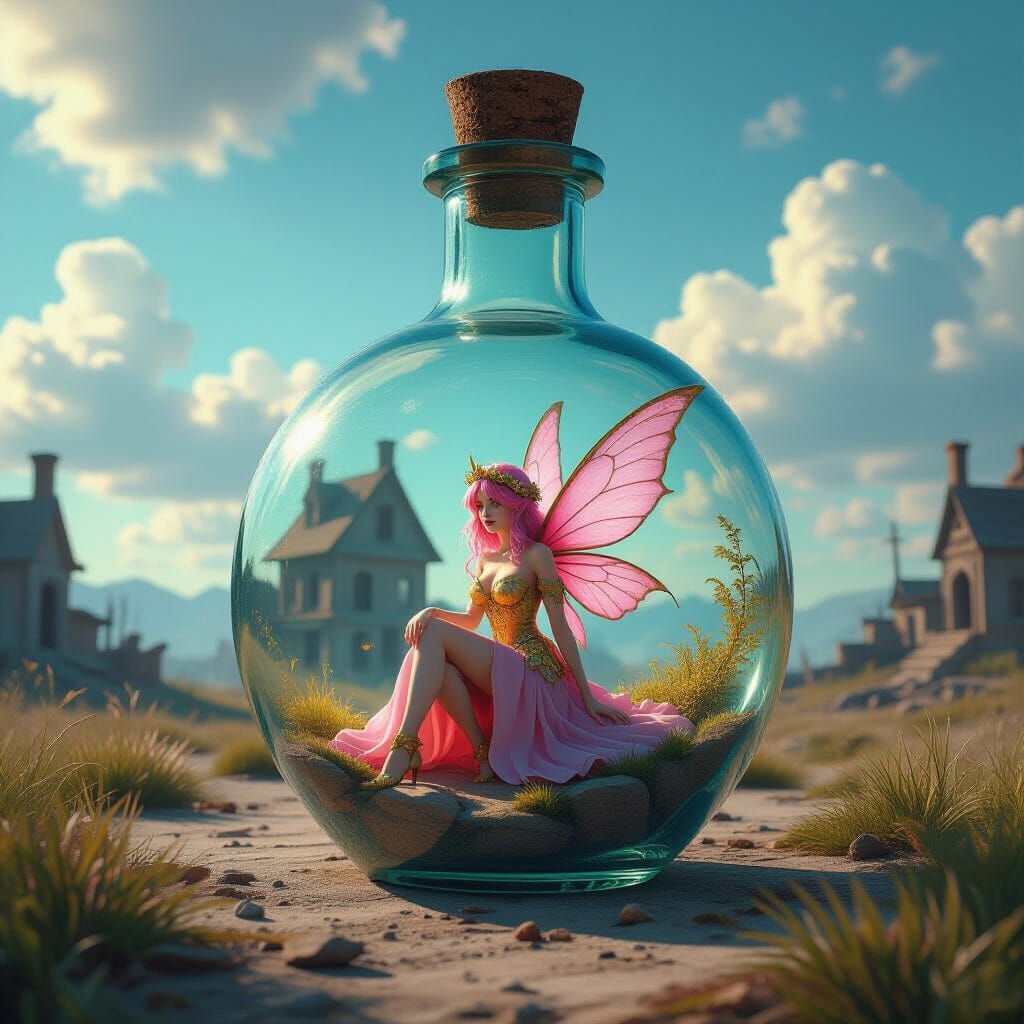 Pink Gold Faerie in Glass Bottle