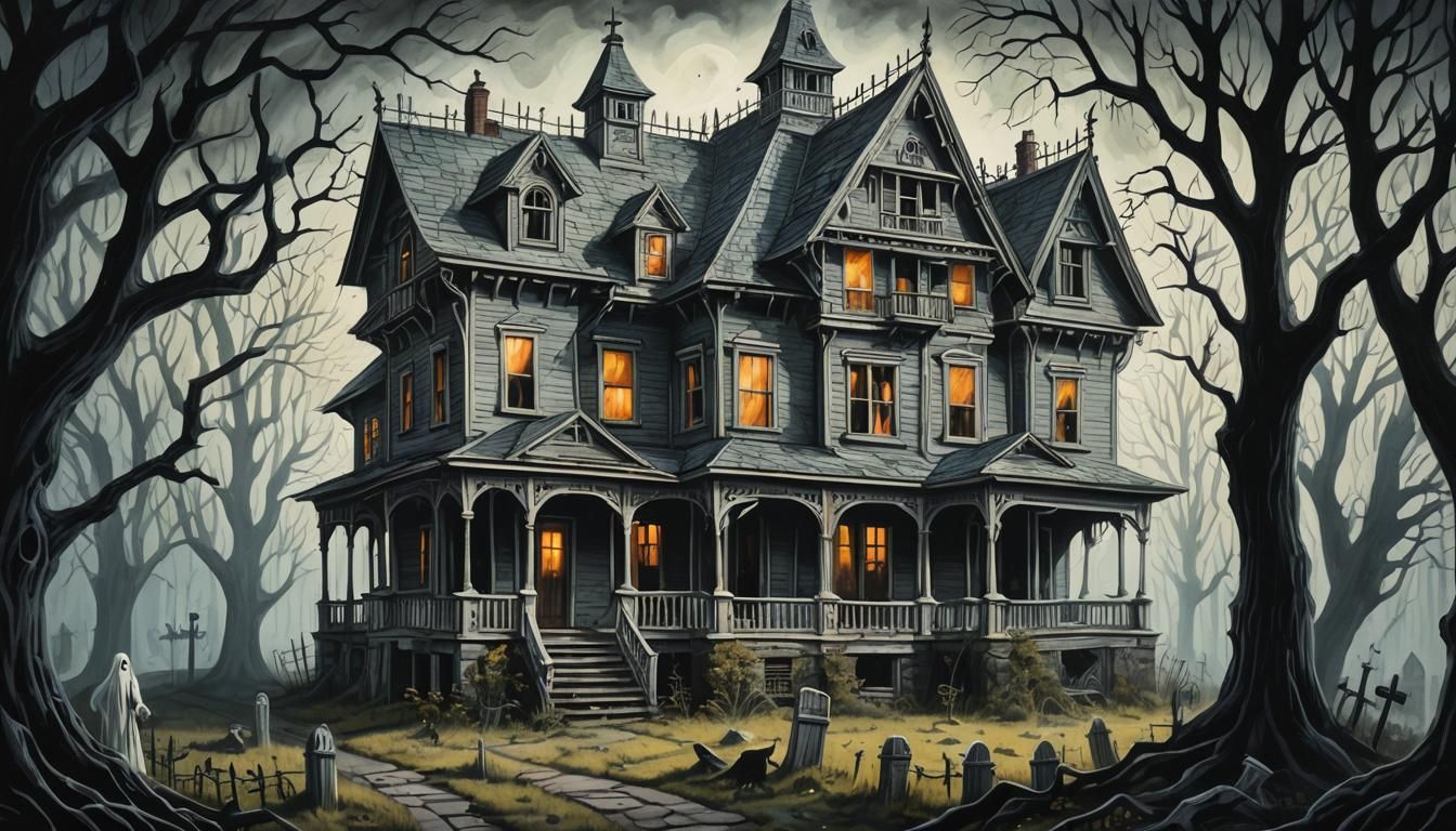Terrifying Ghost in Detailed Gouache Haunted House