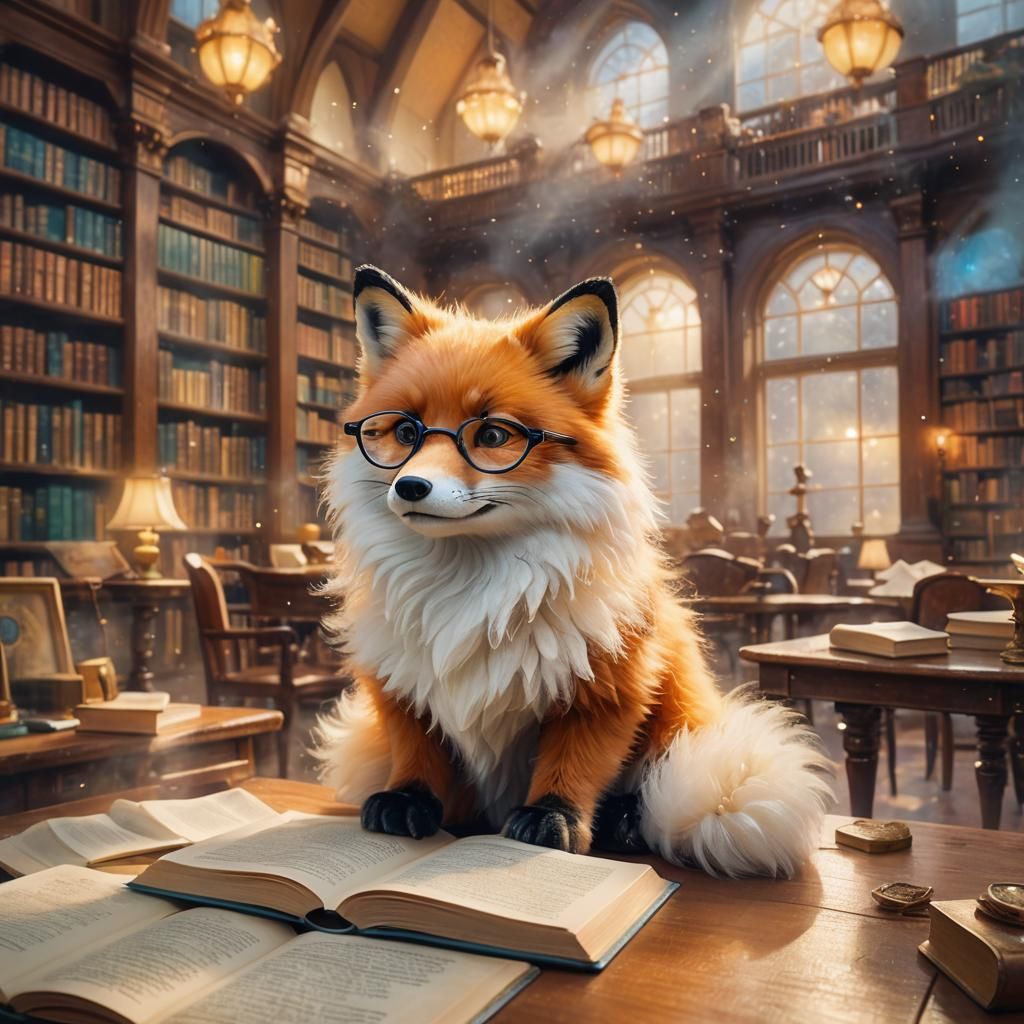 Fox Reading in Library: Ethereal Fantasy Painting