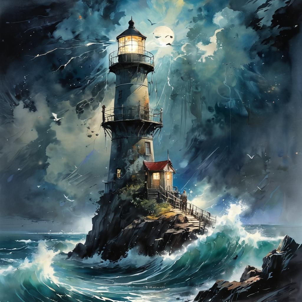 Lighthouse Storm in Fantasy Book, Watercolor Art