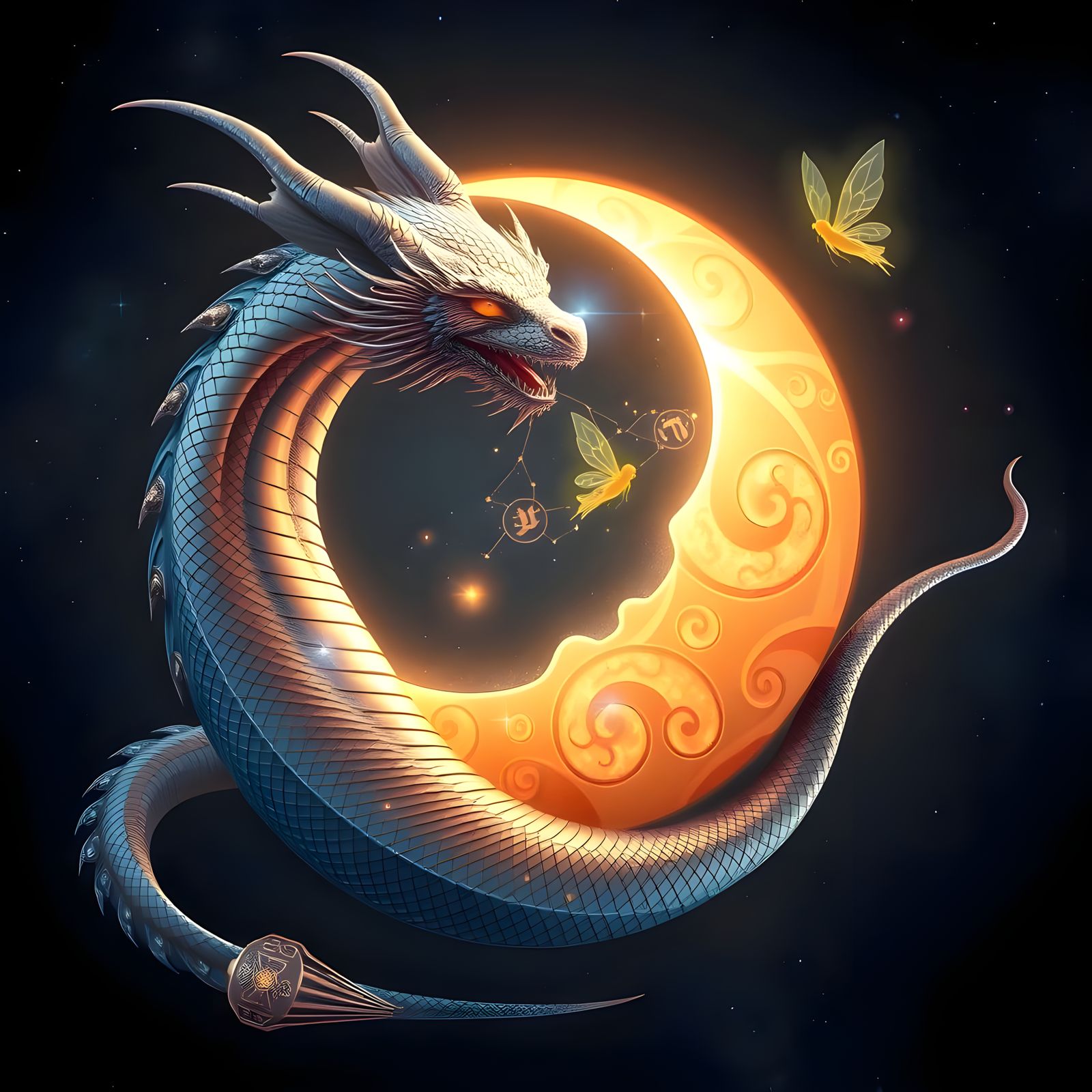 Celestial Dragon Basks Under Crescent Moon