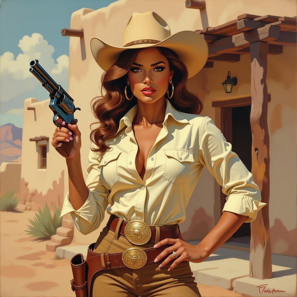 Fierce Woman with Gun in Neo-Primitivism Style
