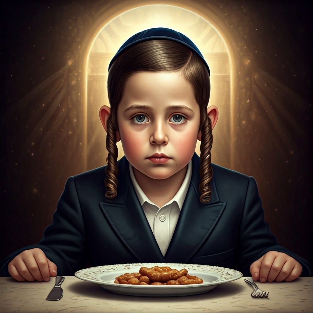 Orthodox Hasidic Boy Blesses Food with Temple of Jerusalem i...