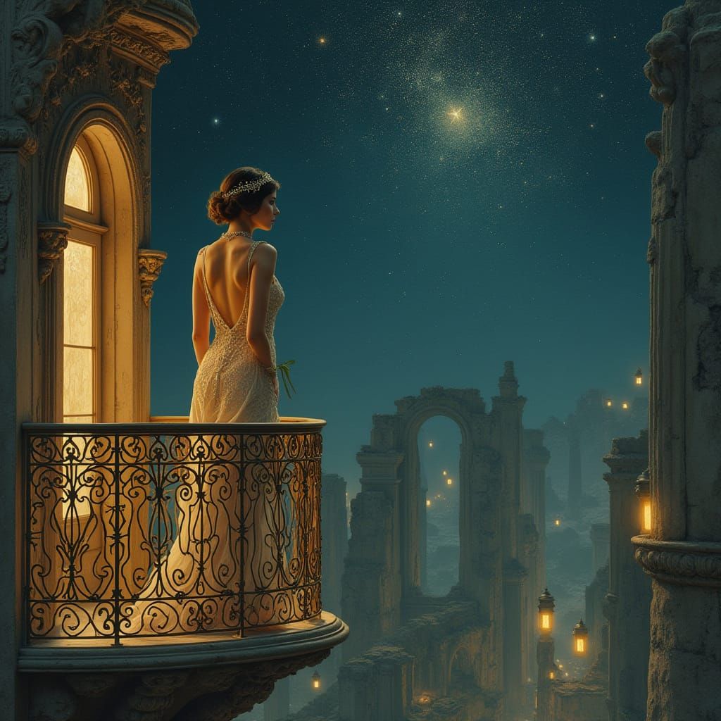 Elegant Lady Stares at Starry Night Sky in Art Nouveau Style