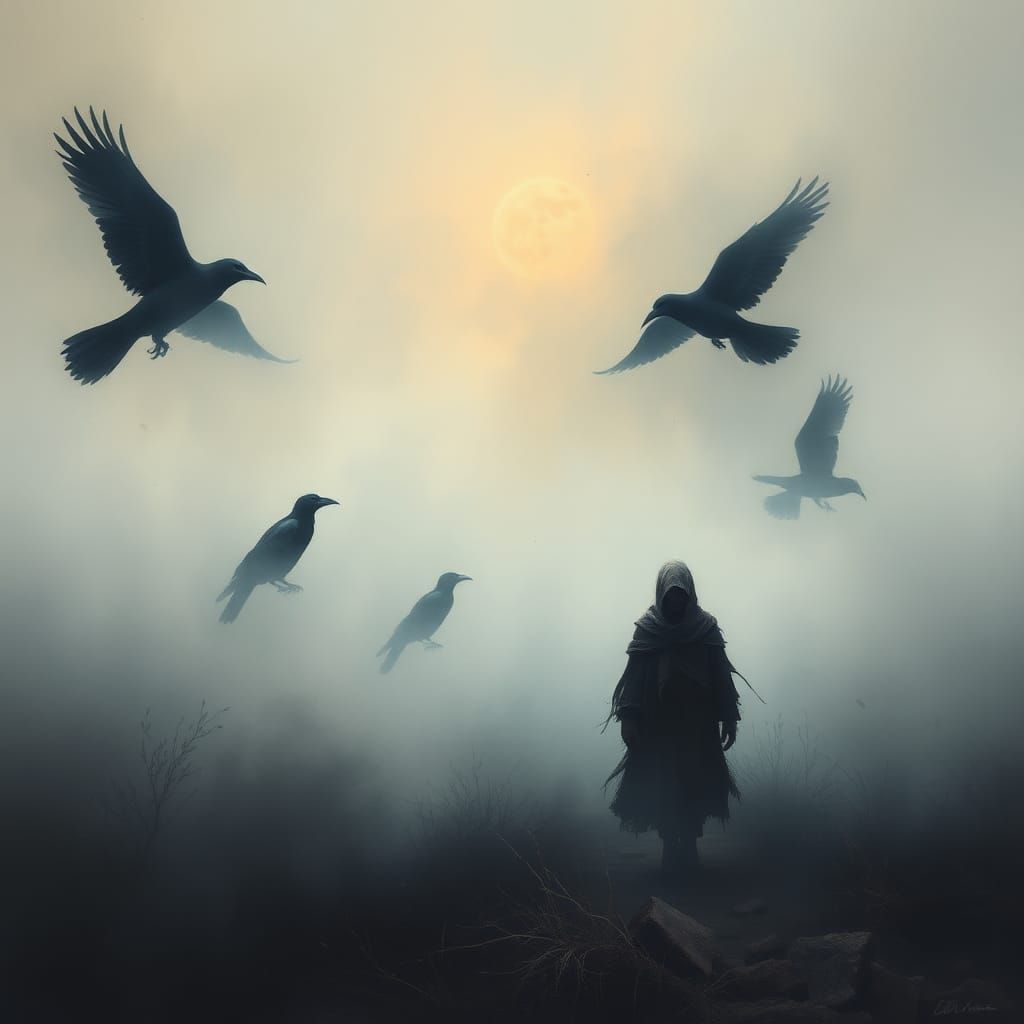 Ethereal Crows in Misty Desolation: Abstract Expressionism