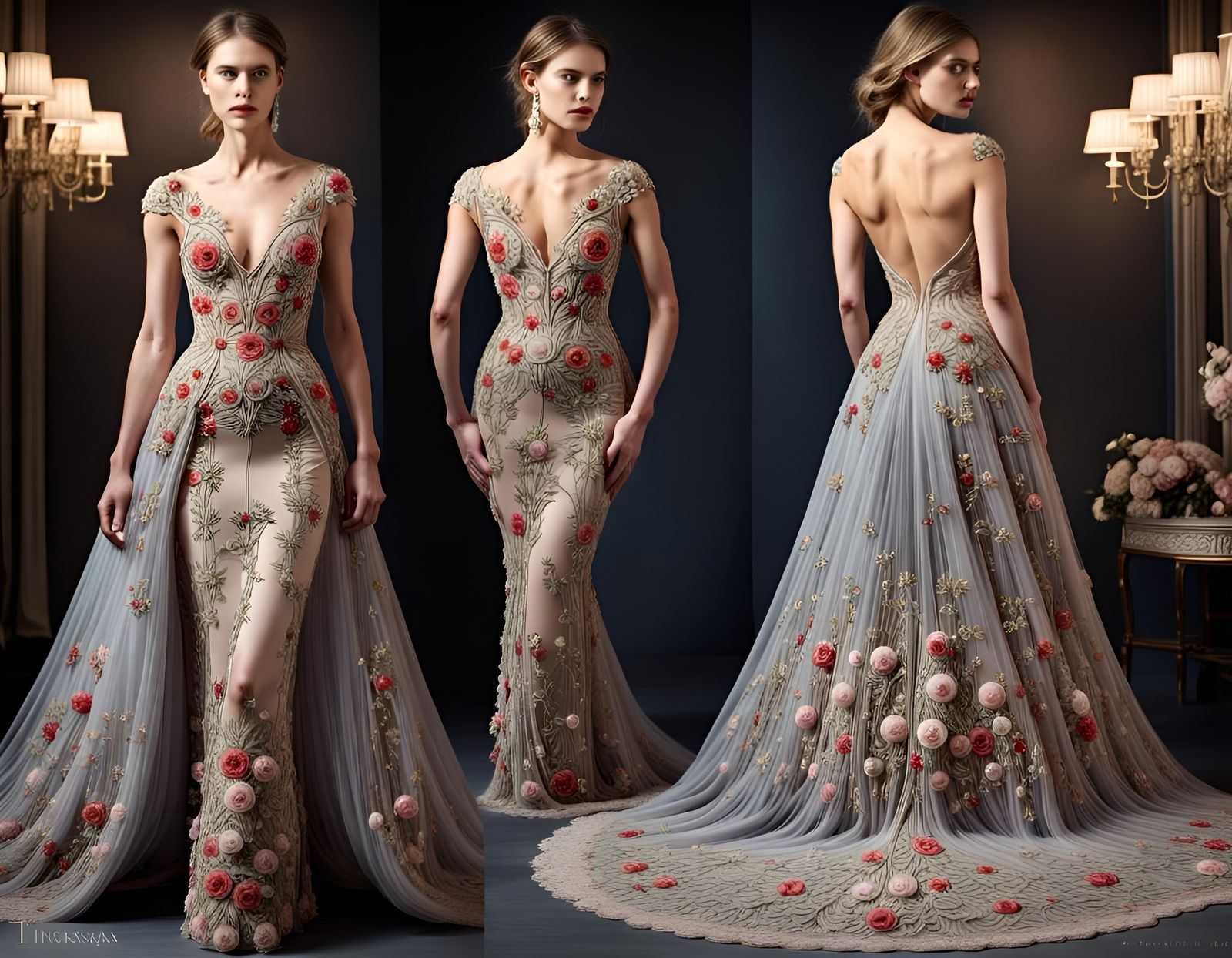 An evening gown with detailed embroidery.