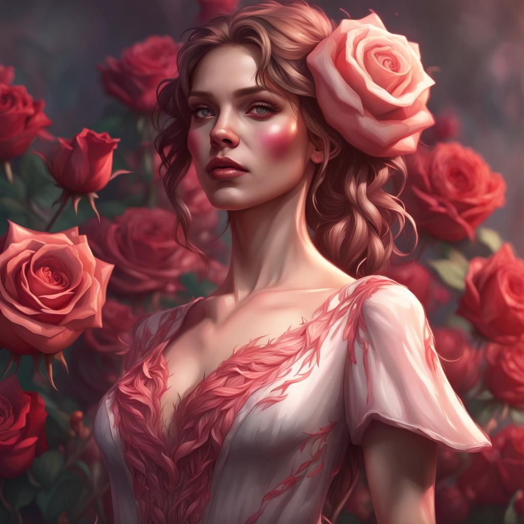 Rose Dress Portrait in Hyperdetailed Splash Art Style