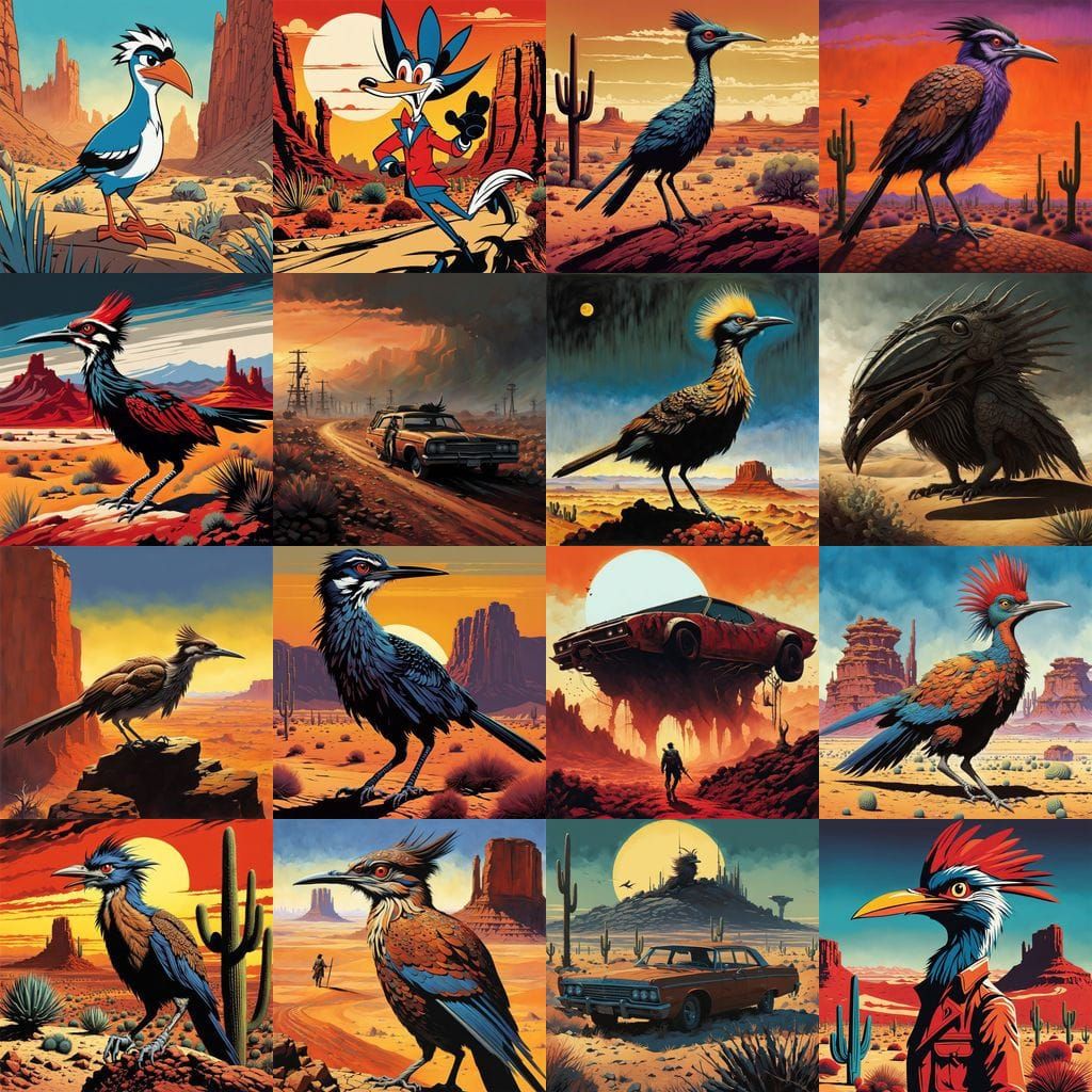 Roadrunner Wields Bloody Dagger in Dark Ominous Landscape