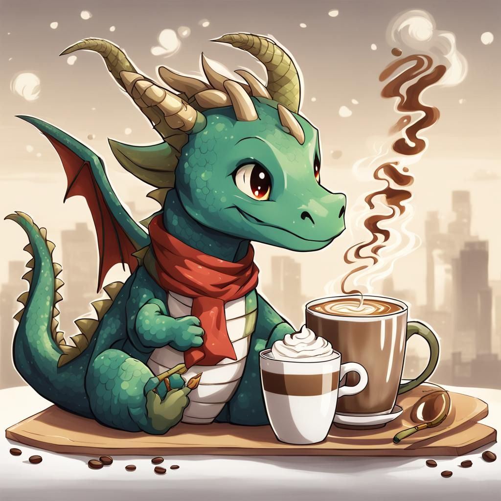 Cute Anime Dragon Enjoying a Latte