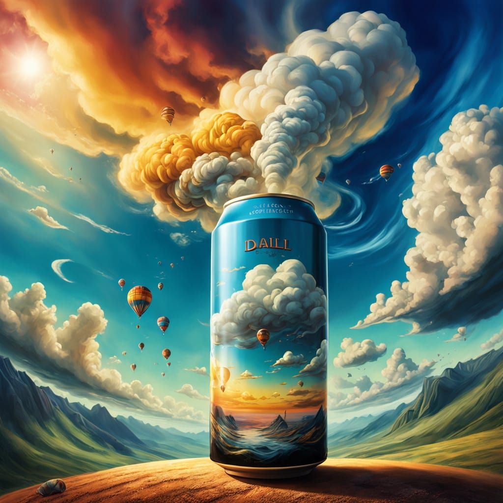 Surréalisme. Gros plan. Une cannette de bière vibrante et tourbillonnante flotte dans un paysage nuageux onirique. Prise...