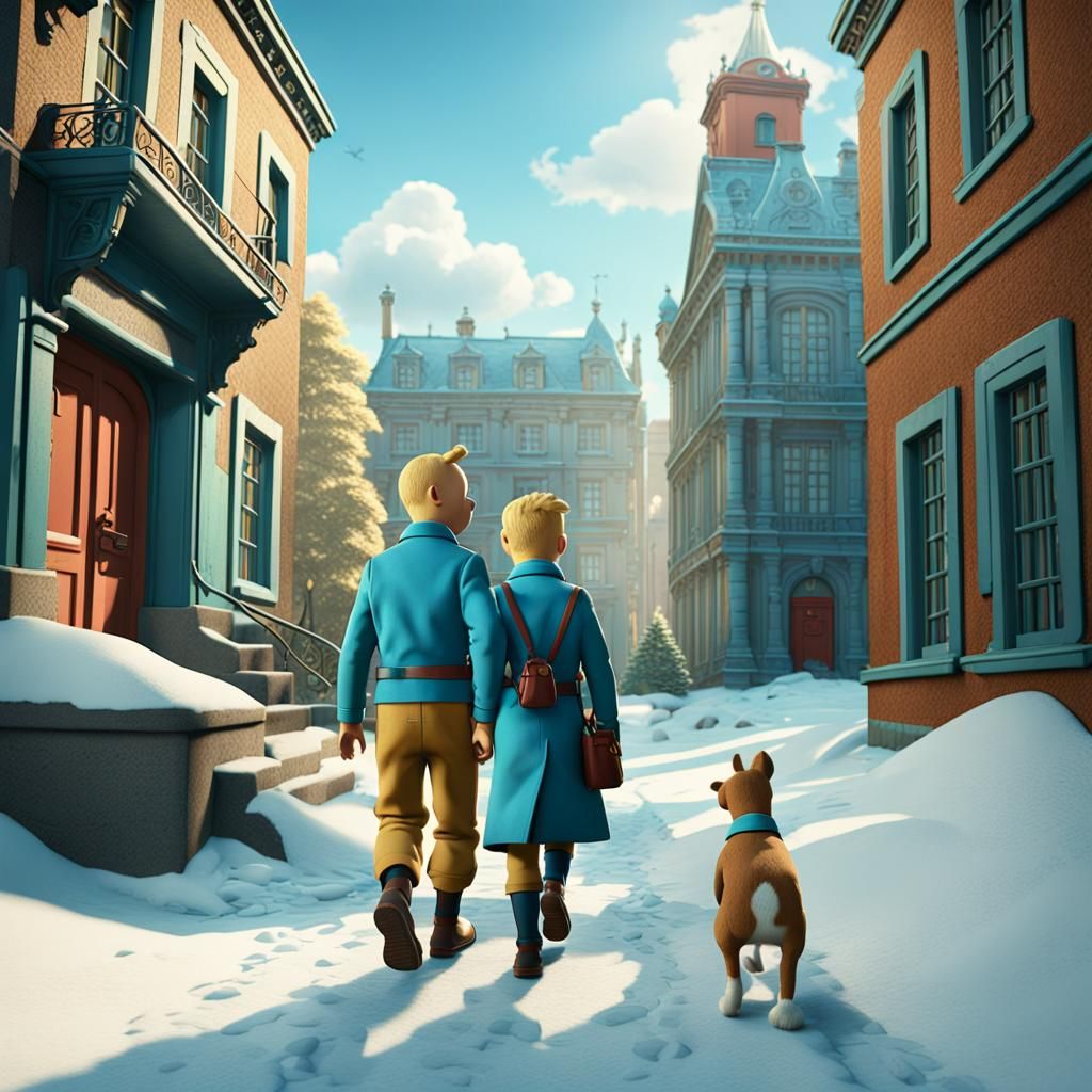 Tintin and Snowy Investigate a Clue in CGI Style