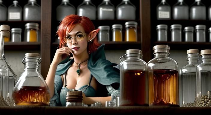 Elfin Witch in Apothecary Laboratory Realizes Idea