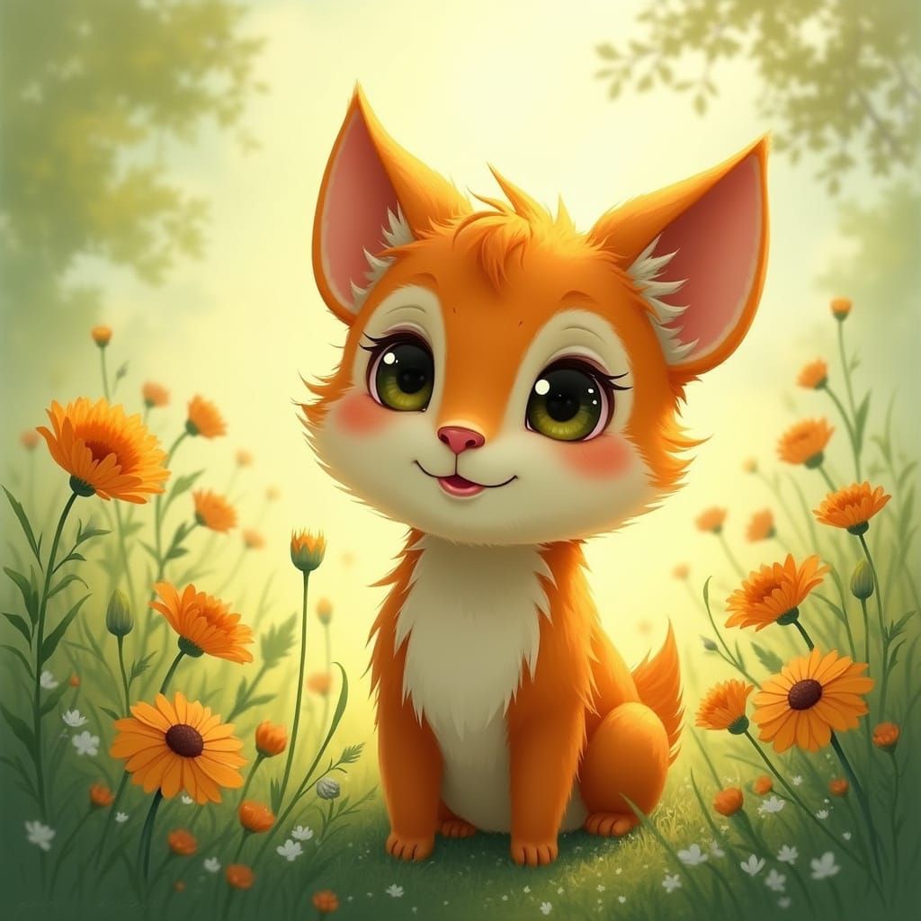 Whimsical Furry Creature in a Lush Meadow