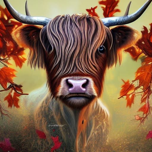 Highland Cow Portrait with Autumn Horns