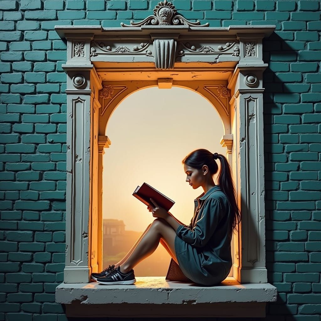 Elegant Woman in Classical Window Niche