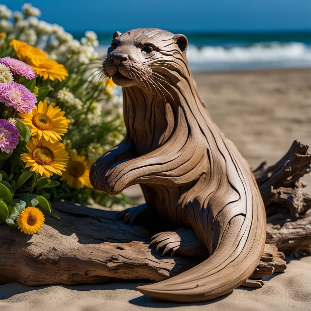 Hyperdetailed Driftwood Otter Sculpture on Beach