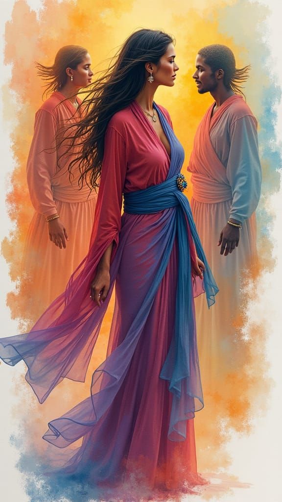 Proud Woman in Watercolor with Ancestral Figures