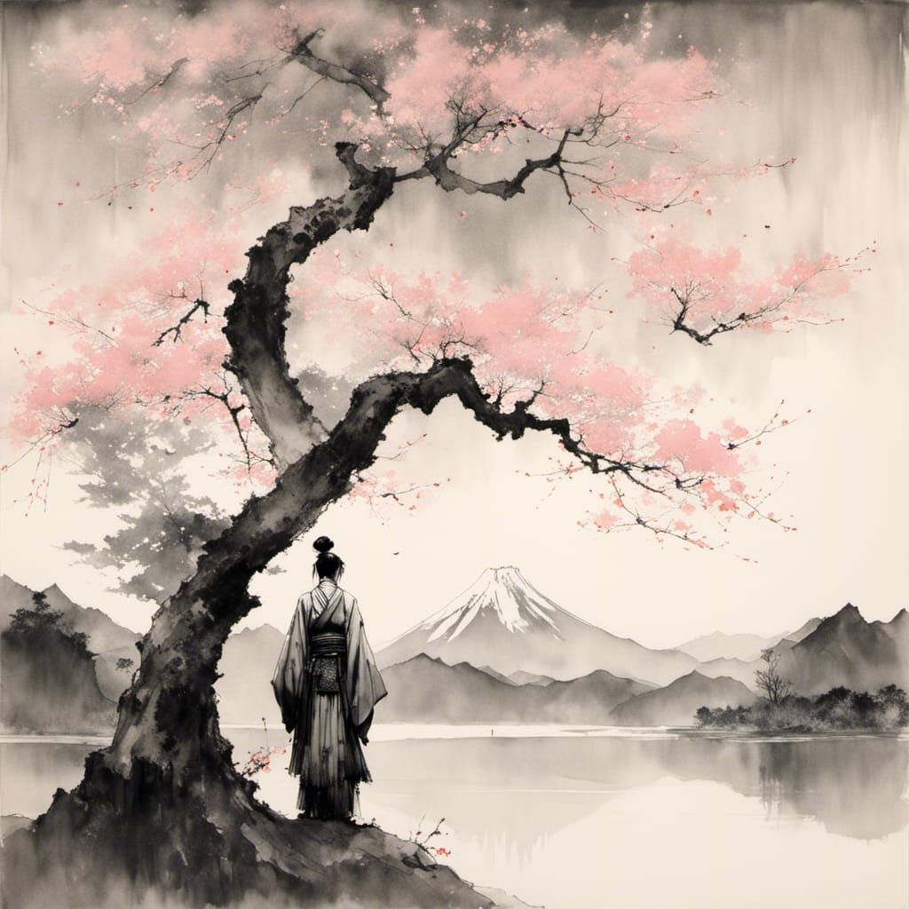 Samurai and Geisha at Sakura Tree, Graphite Art