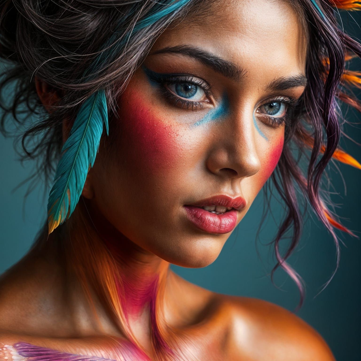 Vibrant Hyperrealistic Beauty with Colorful Skin and Feather...