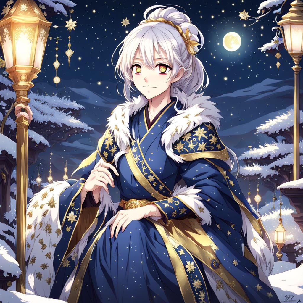 Anime Girl with Snow Leopard Features in Starry Night