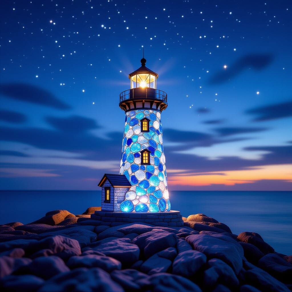 Diamond and Cobalt Glass Lighthouse on Starry Coast