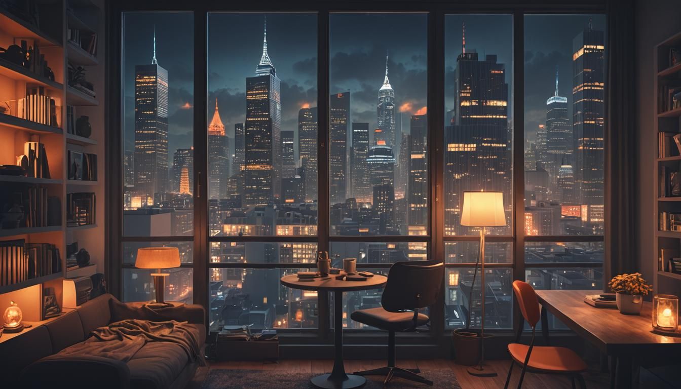 Dark Fantasy Cityscape View from Cozy Apartment