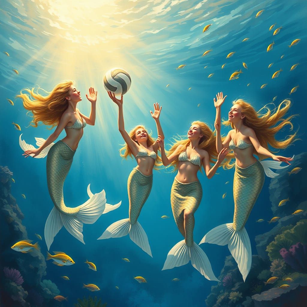 Mermaids in Impressionist Splendor: Underwater Volleyball Sc...