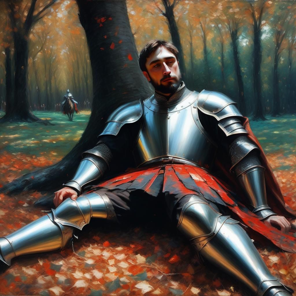 Fallen Knight in Grove: Impressionistic Oil Painting