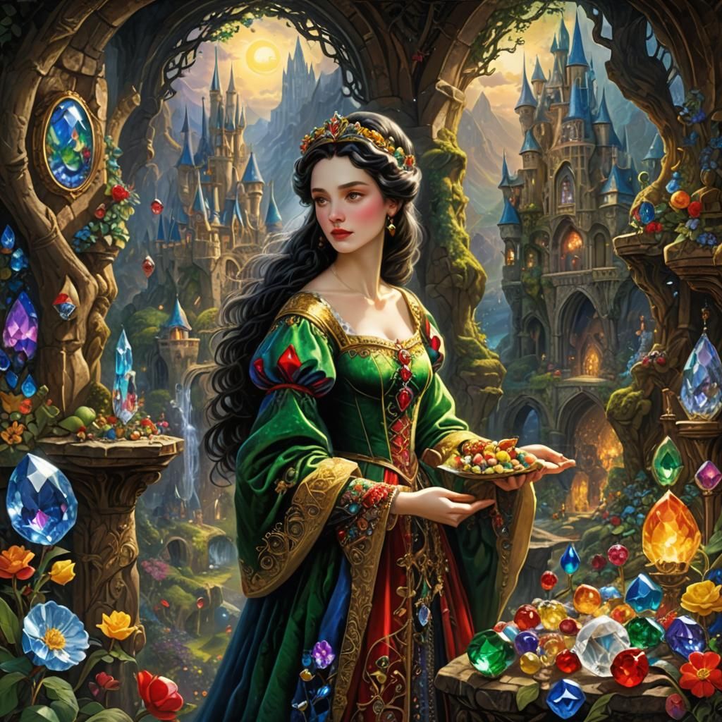 Snow White and Dwarfs with Crystals, Digital Matte Painting