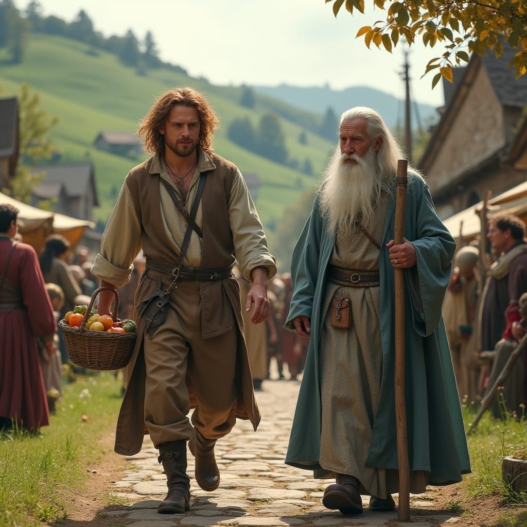 Hobbit and Wizard in Autumn Market Square