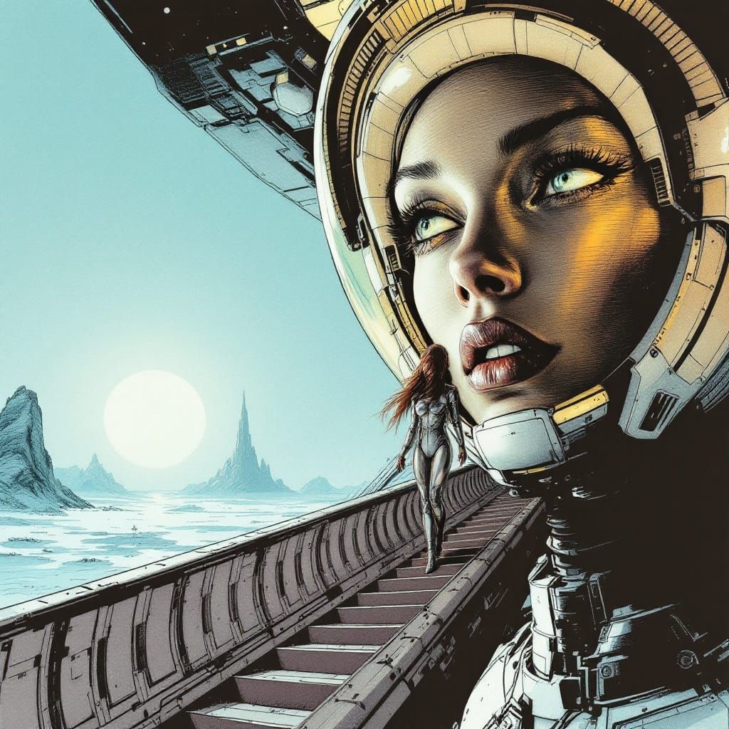 Moebius-Inspired Alien Woman Walks Down Spaceship Gangway