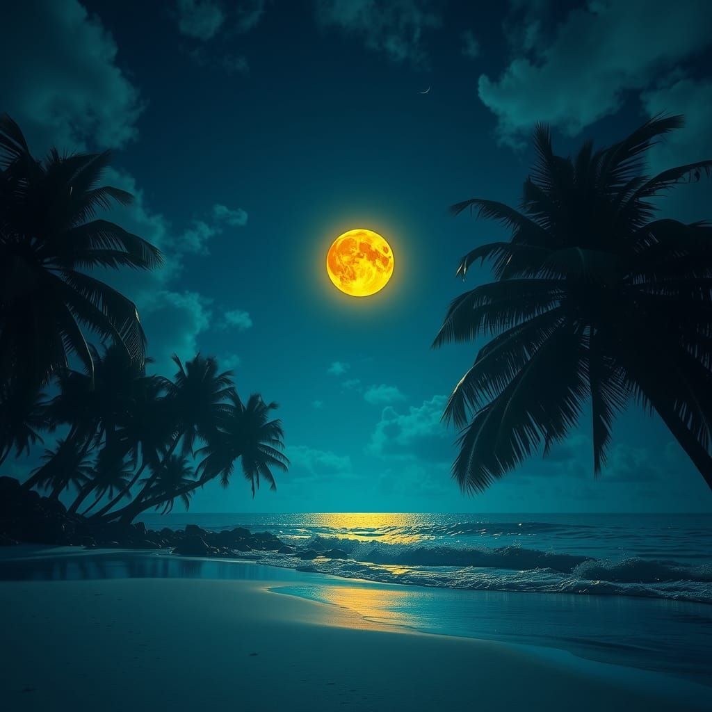 Night Beach with Yellow Supermoon, Detailed Matte Painting