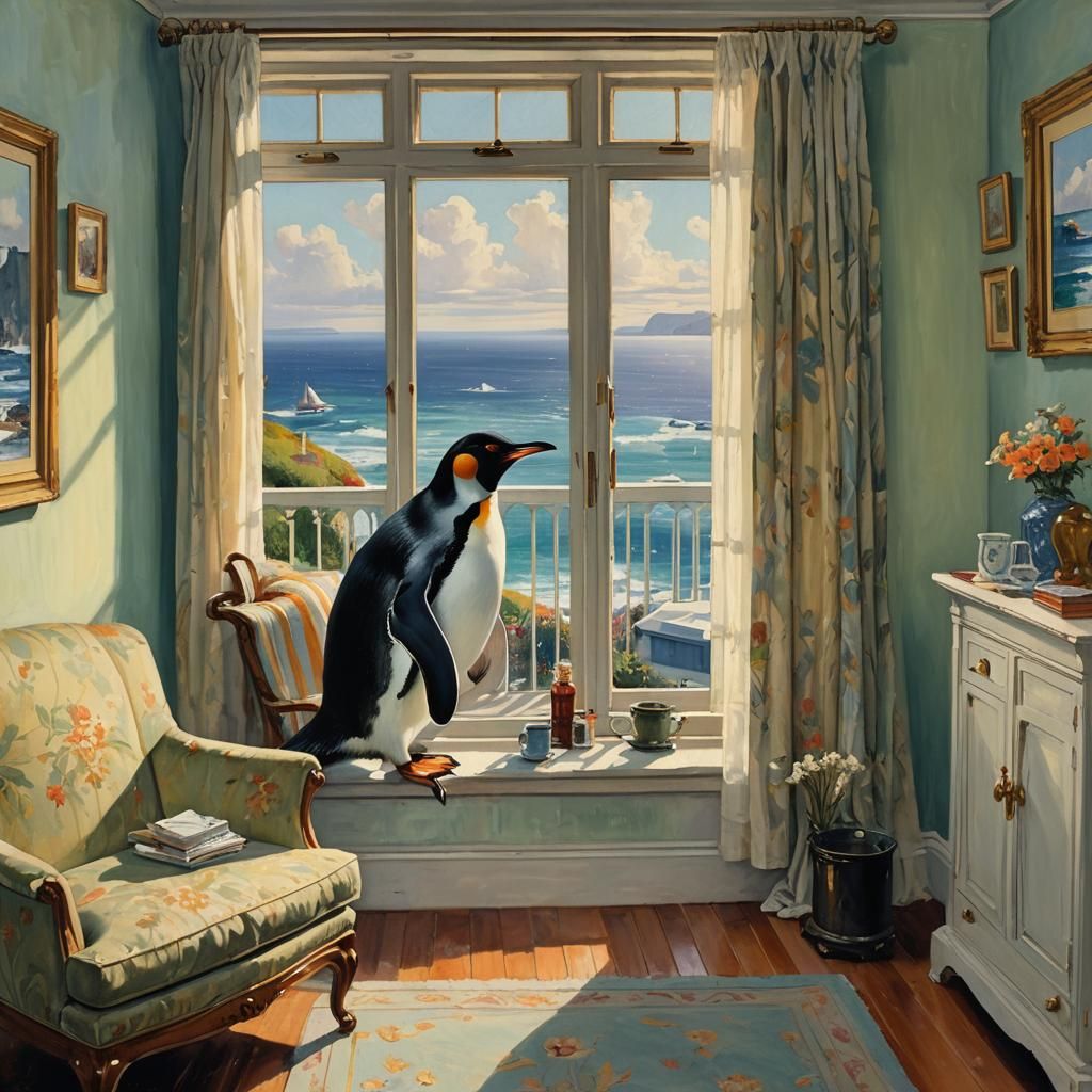 Penguin in Sitting Room: Vintage Oil Painting