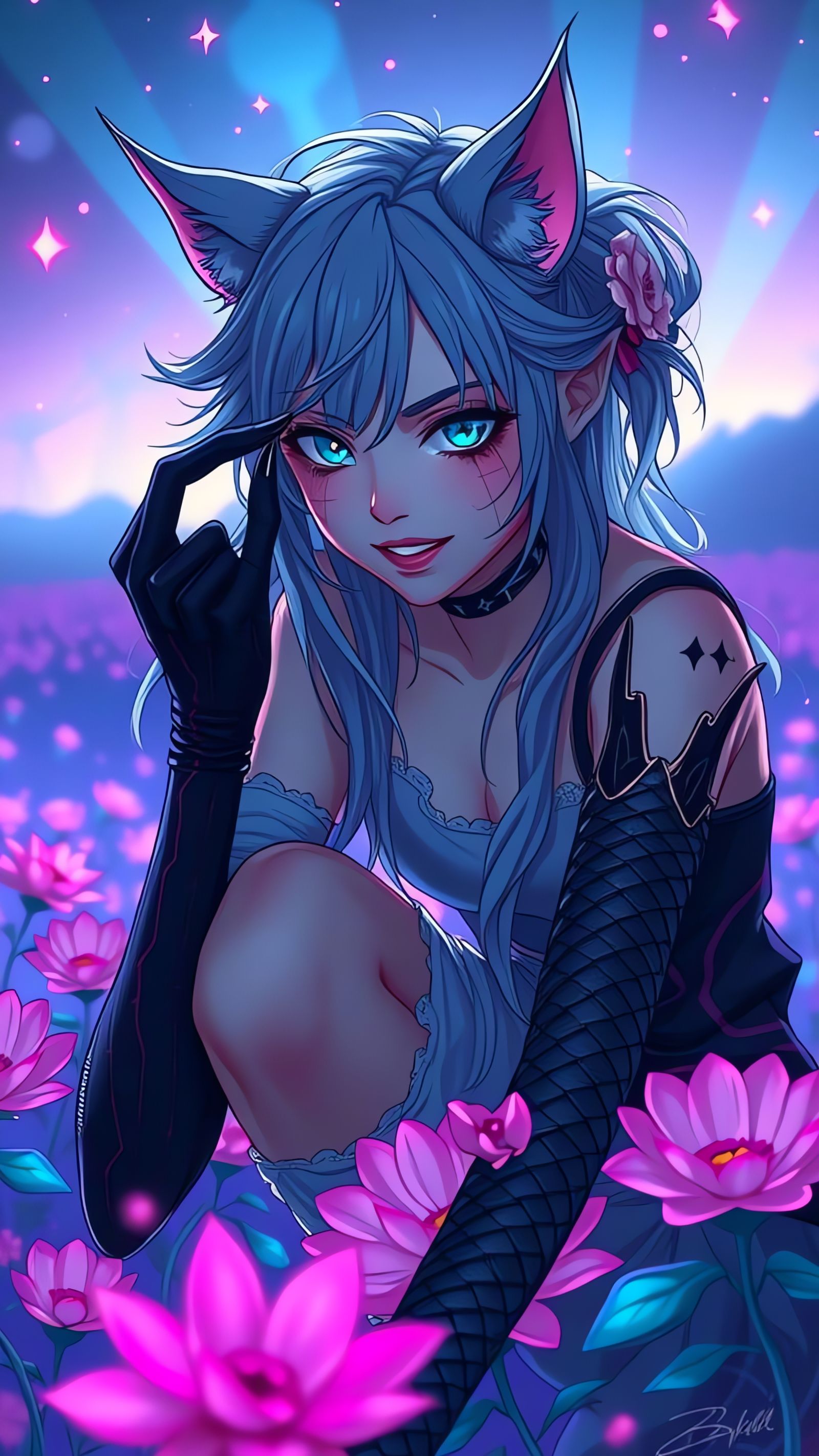 Anime Demon Cat-Girl in Neon Fantasy Landscape