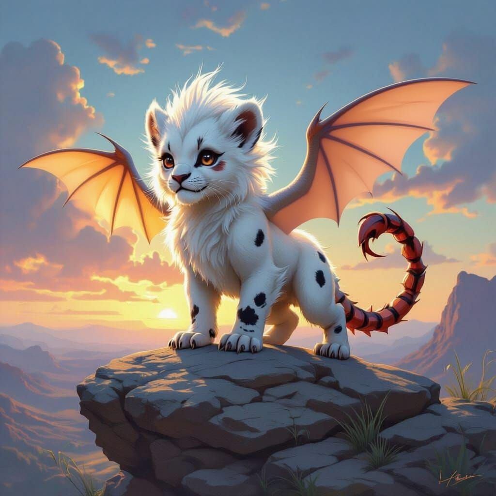 Cute Baby Manticore with Scorpion Tail on Rocky Outcrop