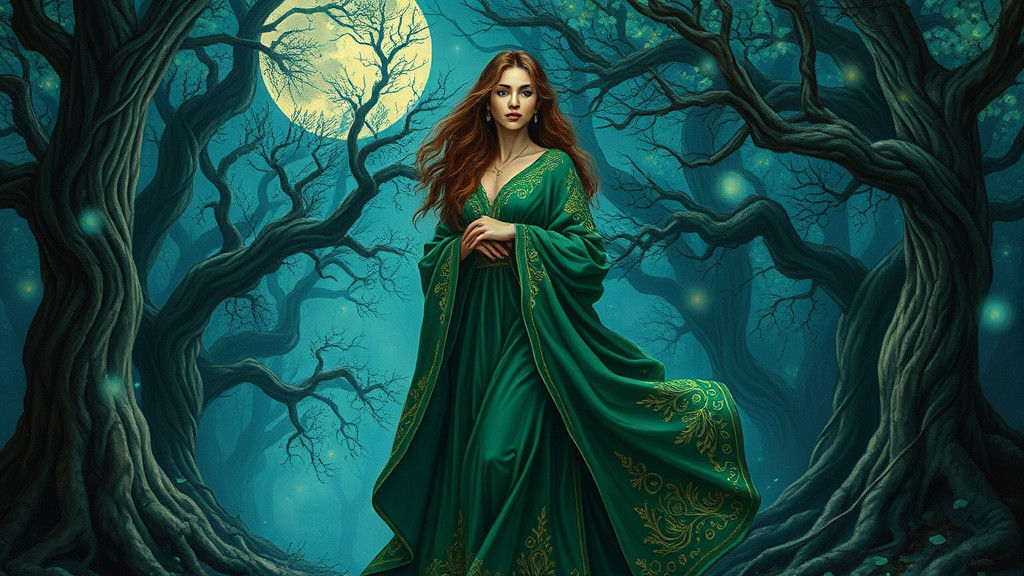 Mystical Emerald Woman in Moonlit Forest
