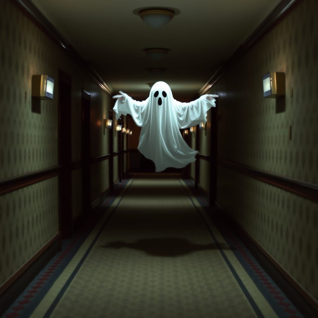 Ethereal Ghostly Figure in Haunted Hotel
