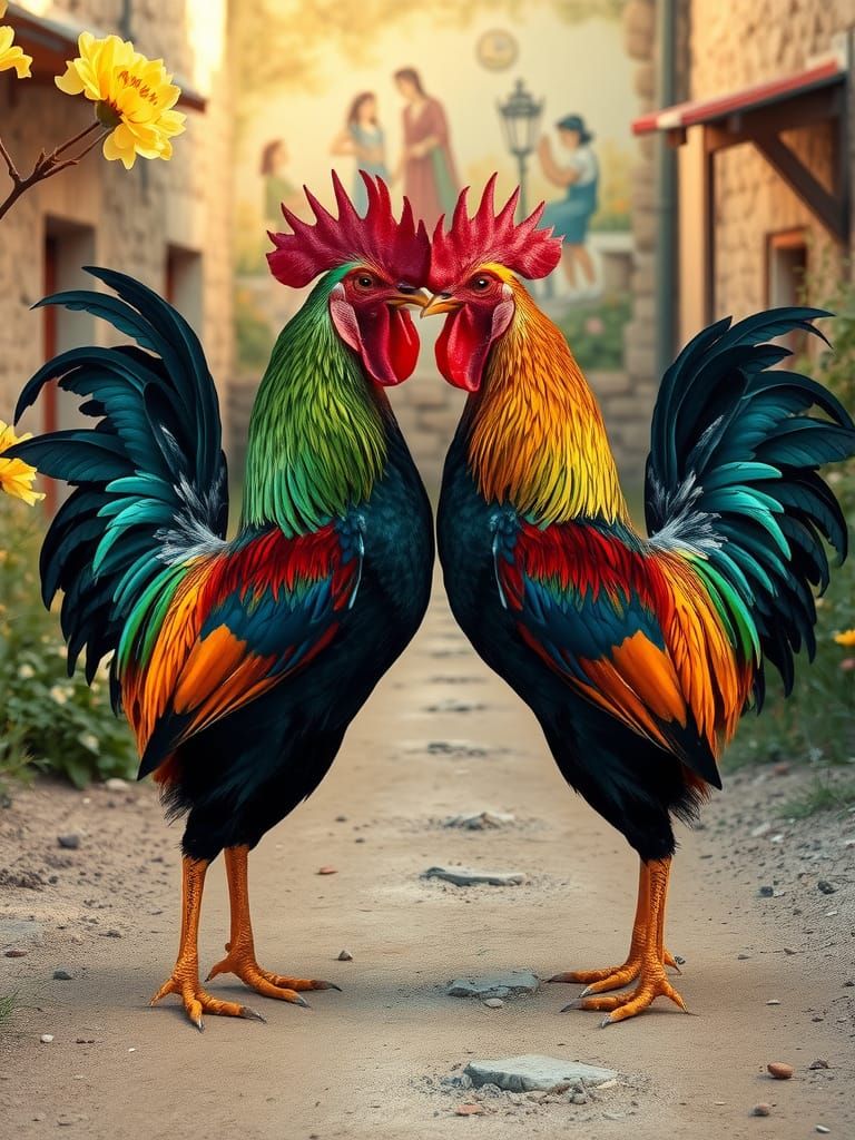 Combative Roosters Settle Dispute on Dusty Road