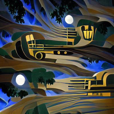 Freight Train Through Moonlit Valley in Art Deco Style