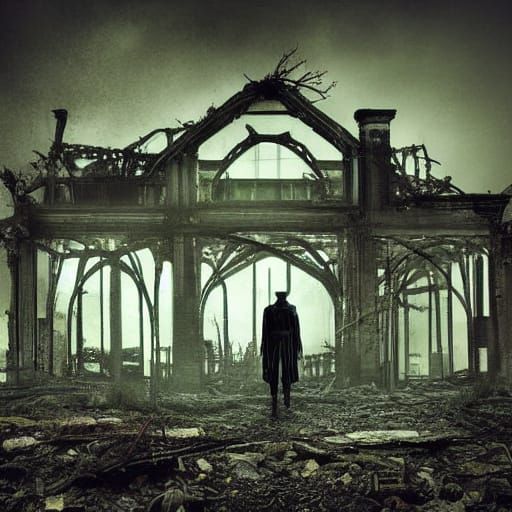 Goth Model in Ruined Cityscape with Bioluminescent Flora