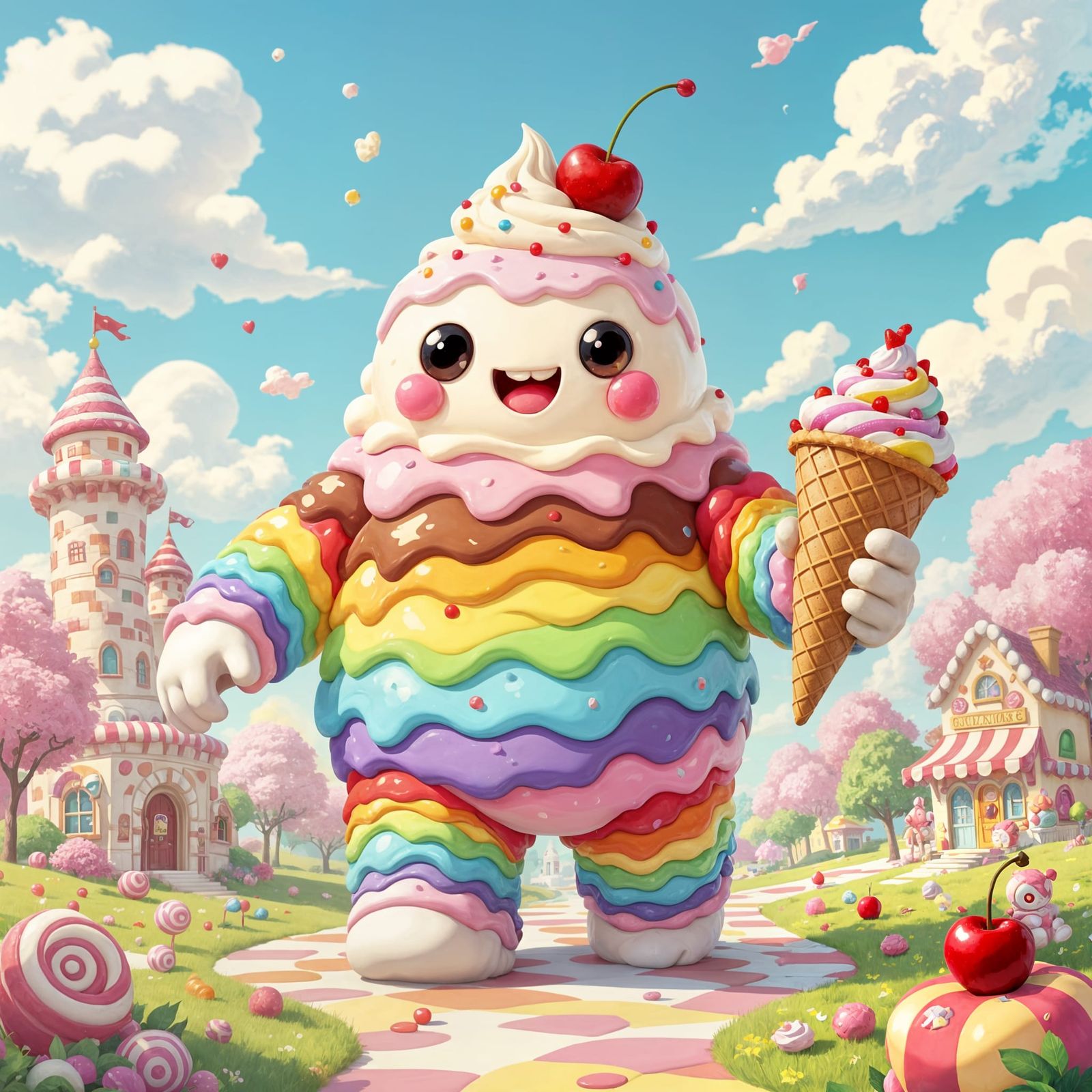 Ice Cream Golem in Candy Land, Kawaii Art