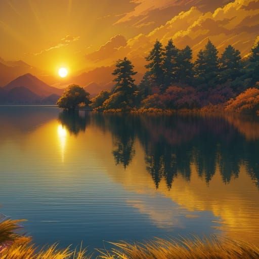 Golden Hour Sun Setting Over Tranquil Lake