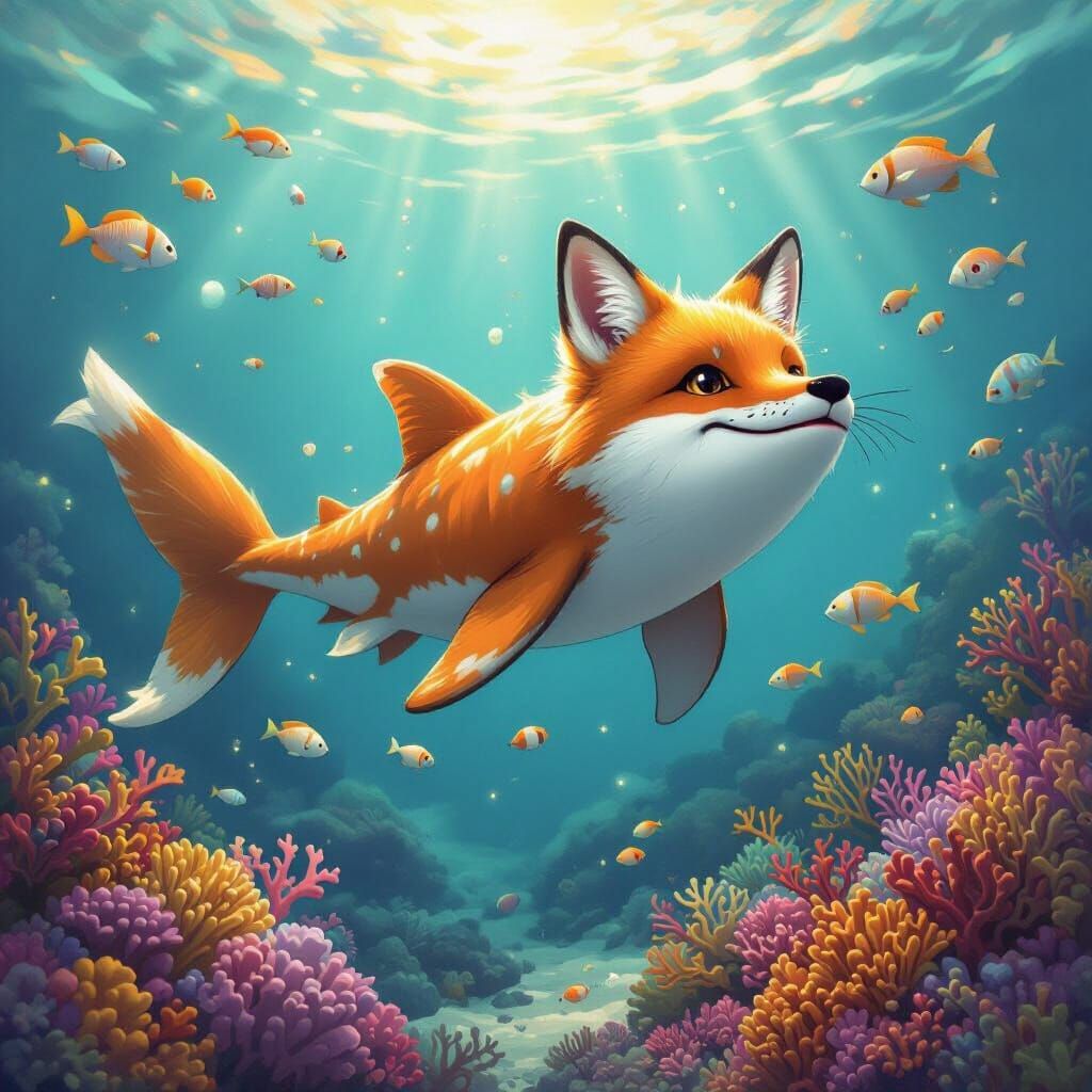 Fantastical Fox-Whale Shark Hybrid in Coral Reef