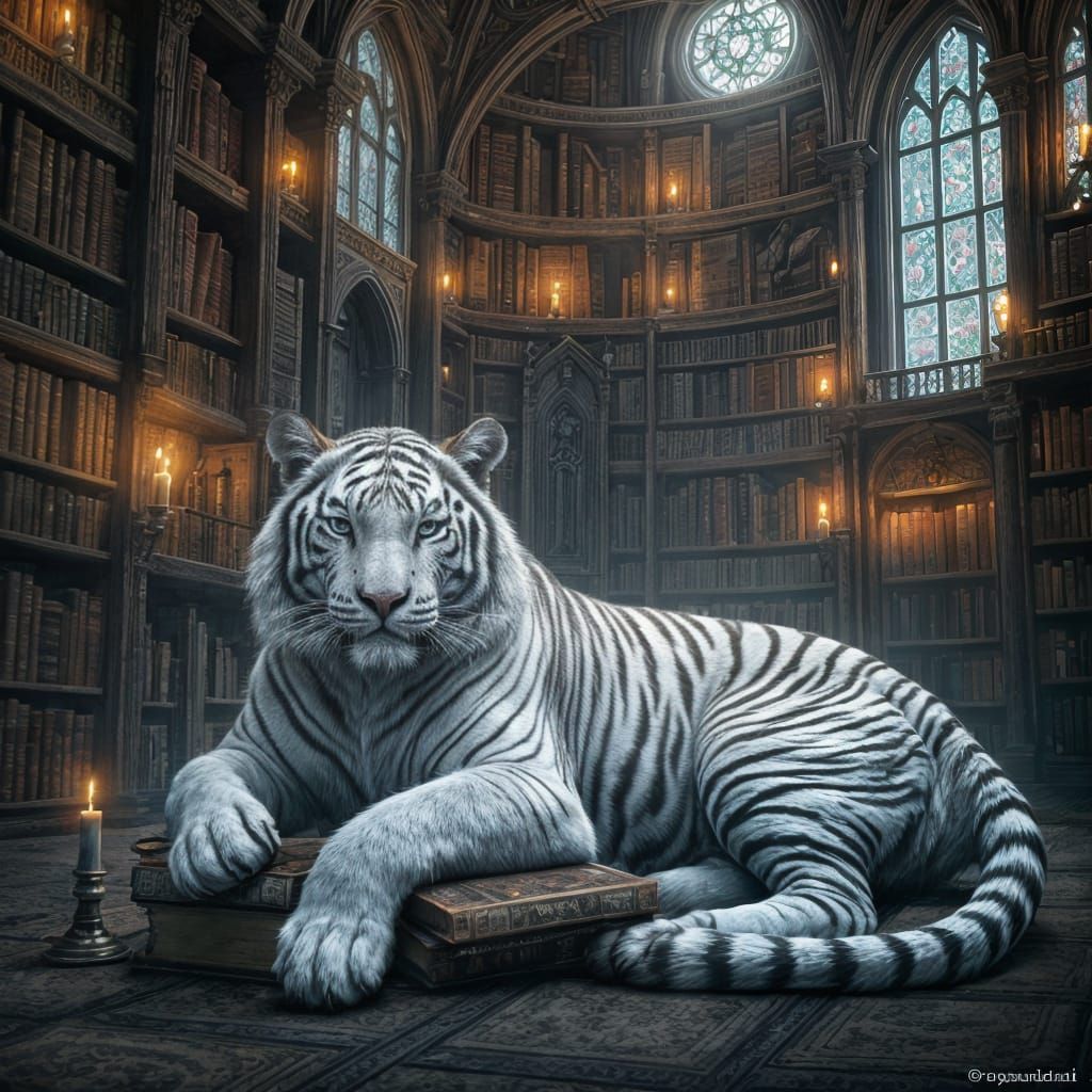 Grand Library Illuminated by Majestic White Tiger in Celtic ...