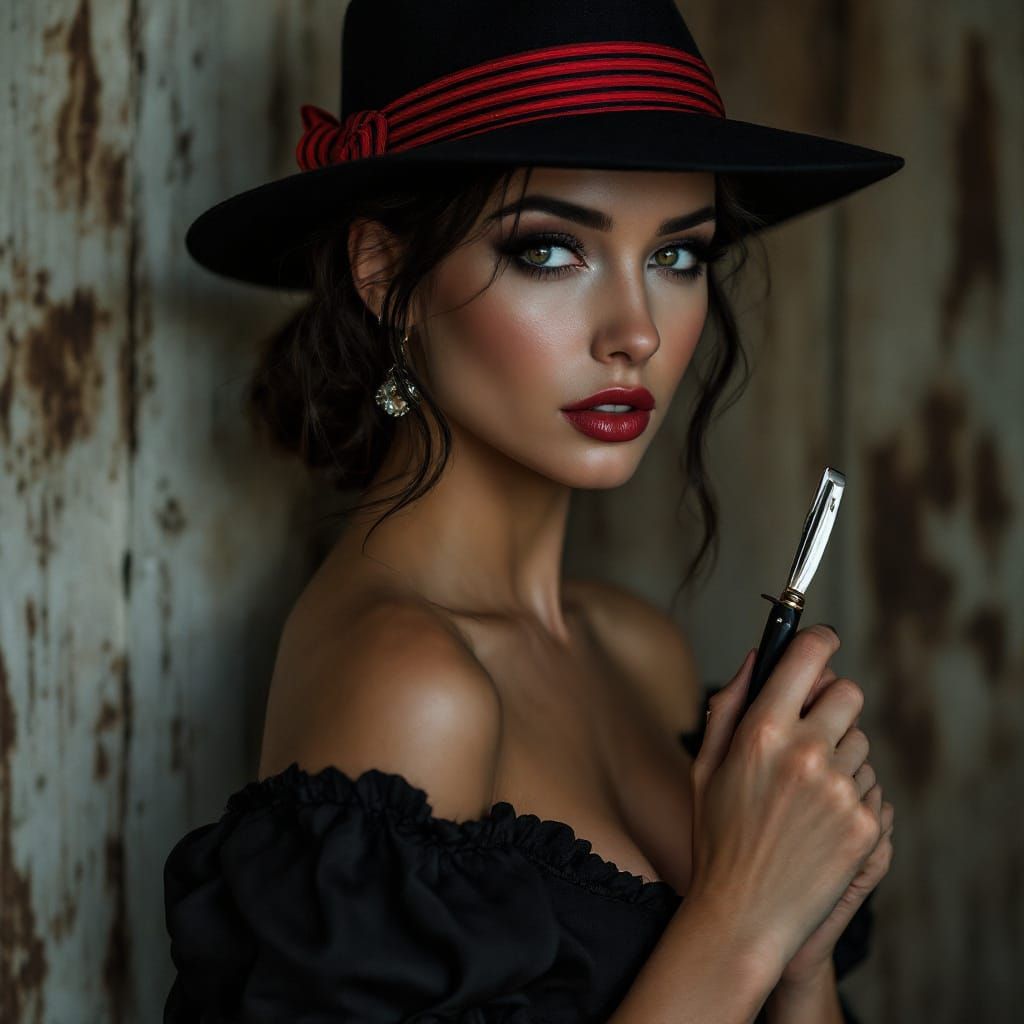 Woman in Panama Hat with Razor in Film Noir Style