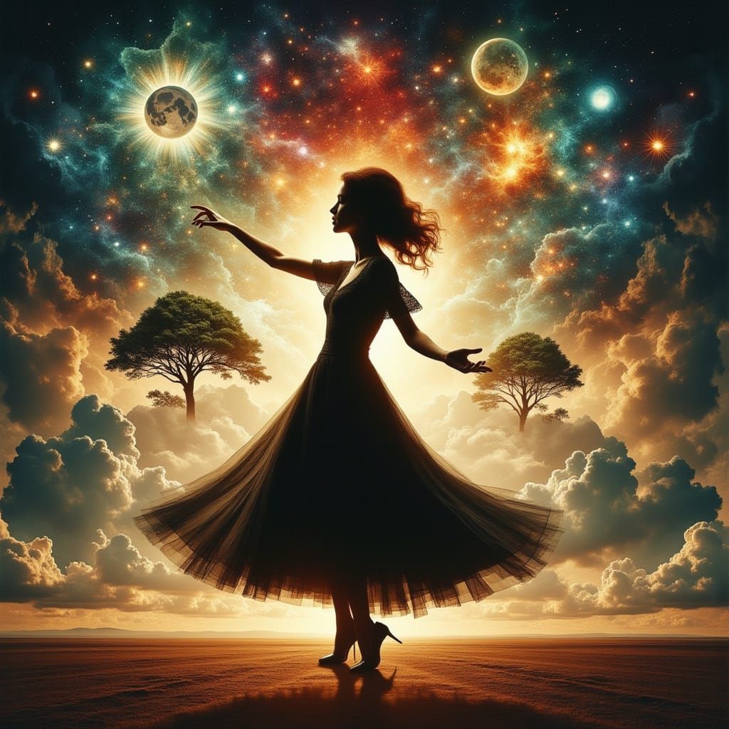 Woman Dancing and Singing Freely in Surreal Landscape